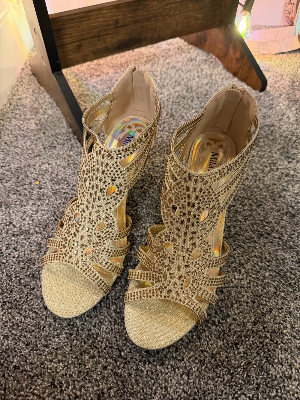 Mila Lady Gold Strappy Heel with Rhinestones Size 8 NEW